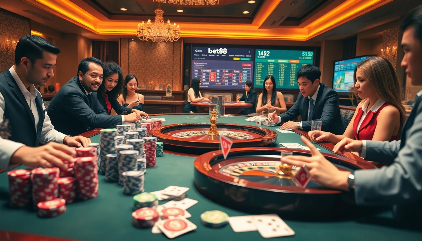 Experience the thrill of kèo nhà cái bet88 at a vibrant casino table with poker chips, cards, and roulette.
