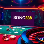 BONG88 casino scene depicting an exciting online gambling experience with poker chips and cards.