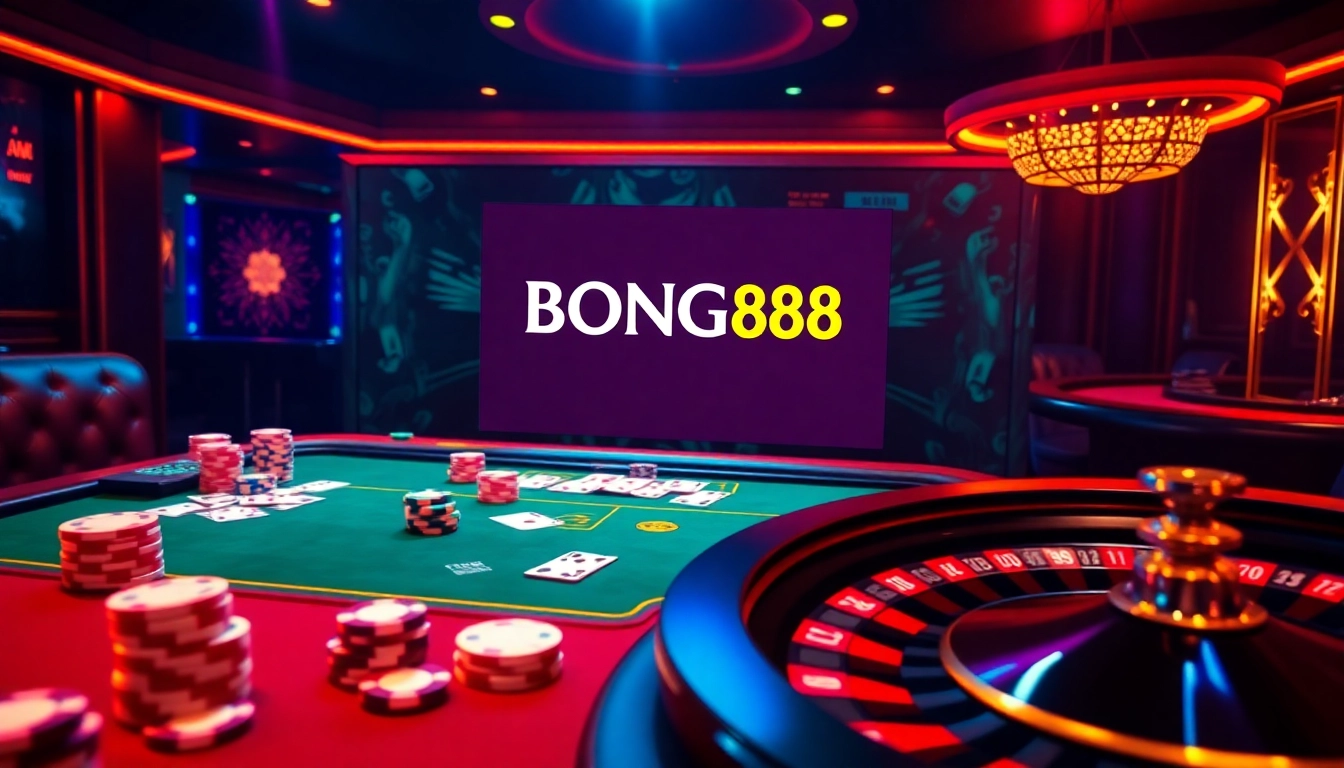 BONG88 casino scene depicting an exciting online gambling experience with poker chips and cards.
