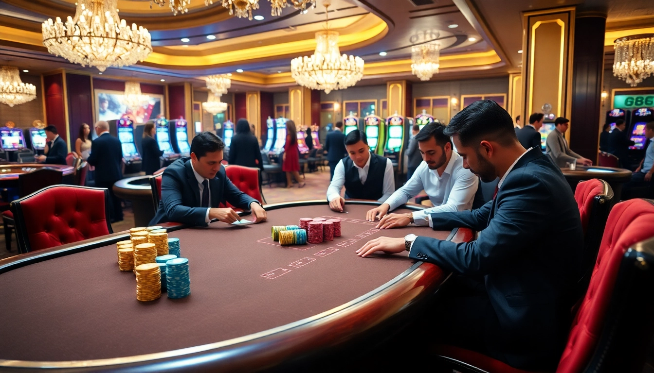 Experience an engaging poker game at uu88 with vibrant chips and luxurious surroundings.