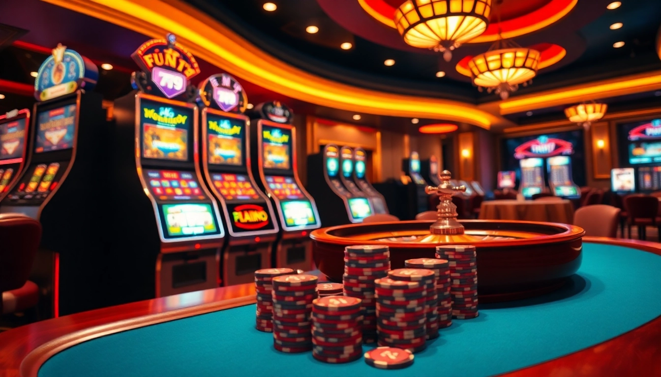 Experience the thrill of fun79 at a luxurious casino with vibrant lights and poker tables.