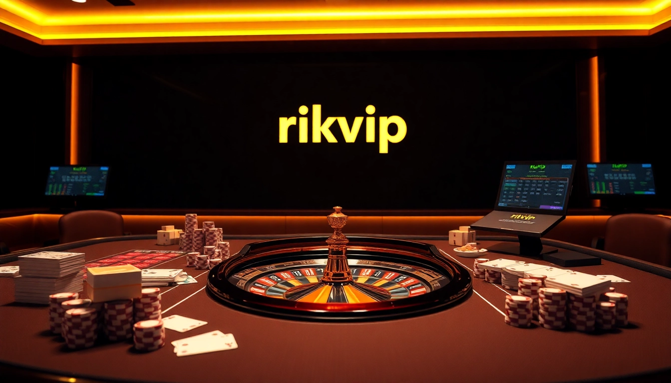 Experience the excitement of rikvip with vibrant casino games, roulette wheels, and poker chips.
