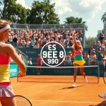 Action-packed scene from the OPEN 88 tennis tournament, showcasing players and lively spectators on clay courts.