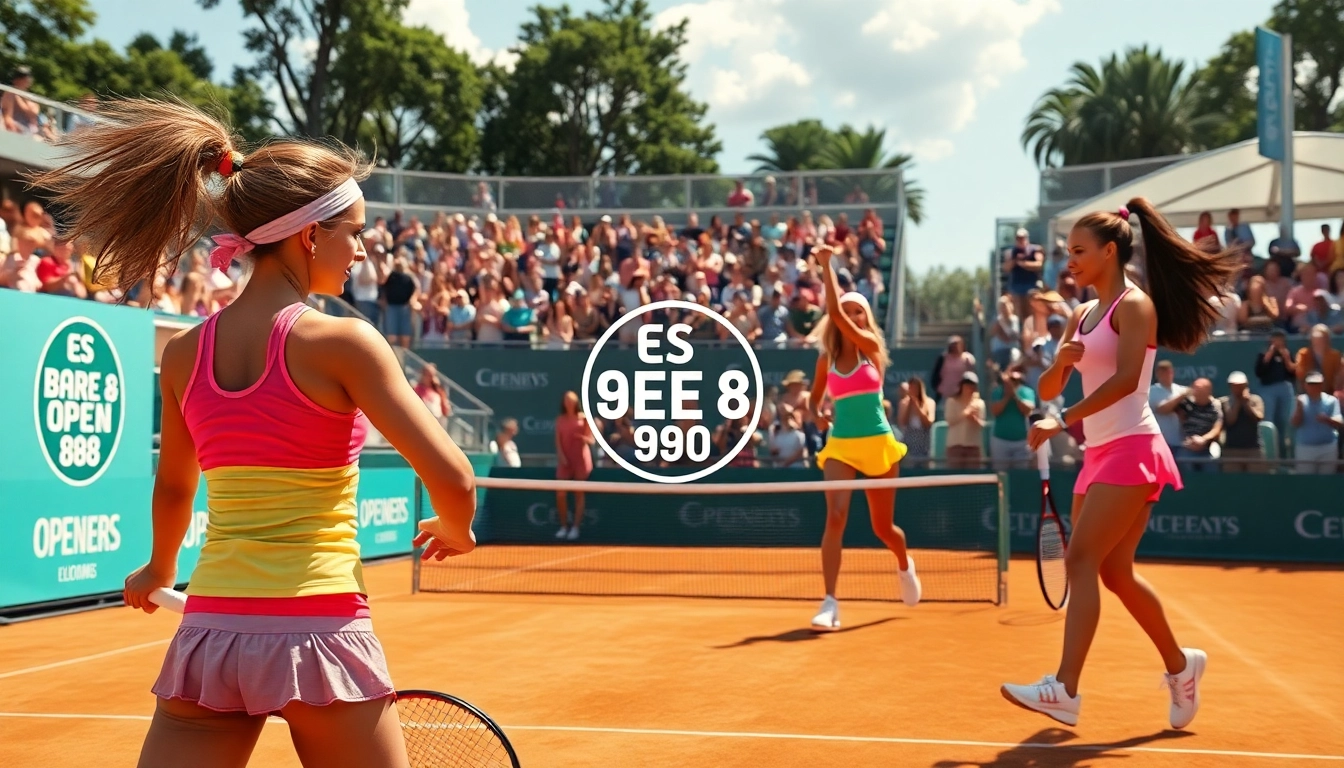 Action-packed scene from the OPEN 88 tennis tournament, showcasing players and lively spectators on clay courts.