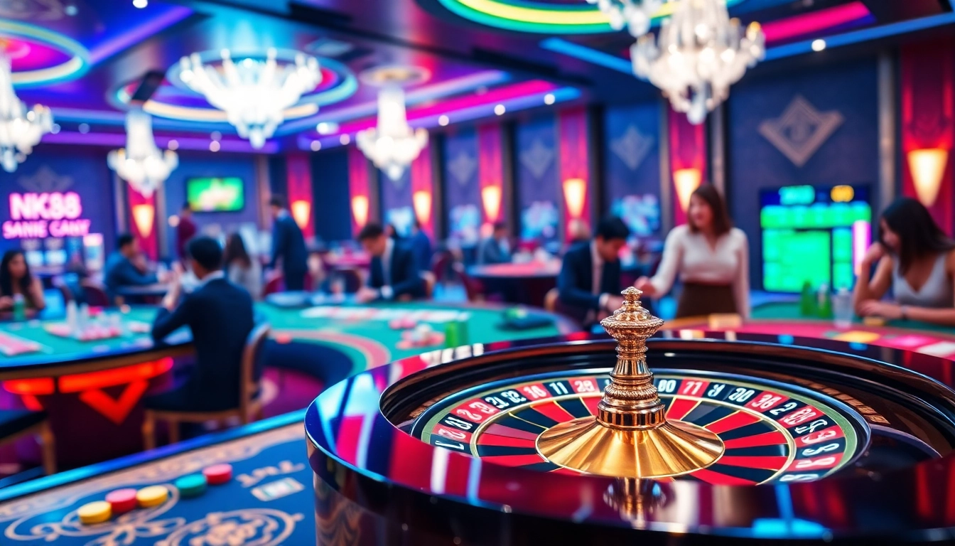 Engaging NK88 online casino experience with players at vibrant poker tables and a roulette wheel.