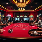 Excited players engage in strategic gameplay at Go88’s luxurious casino table with vivid poker chips and slot machines.
