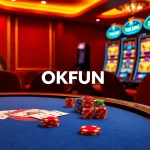 Exciting gameplay at OKFUN casino with poker chips and a vibrant roulette wheel.