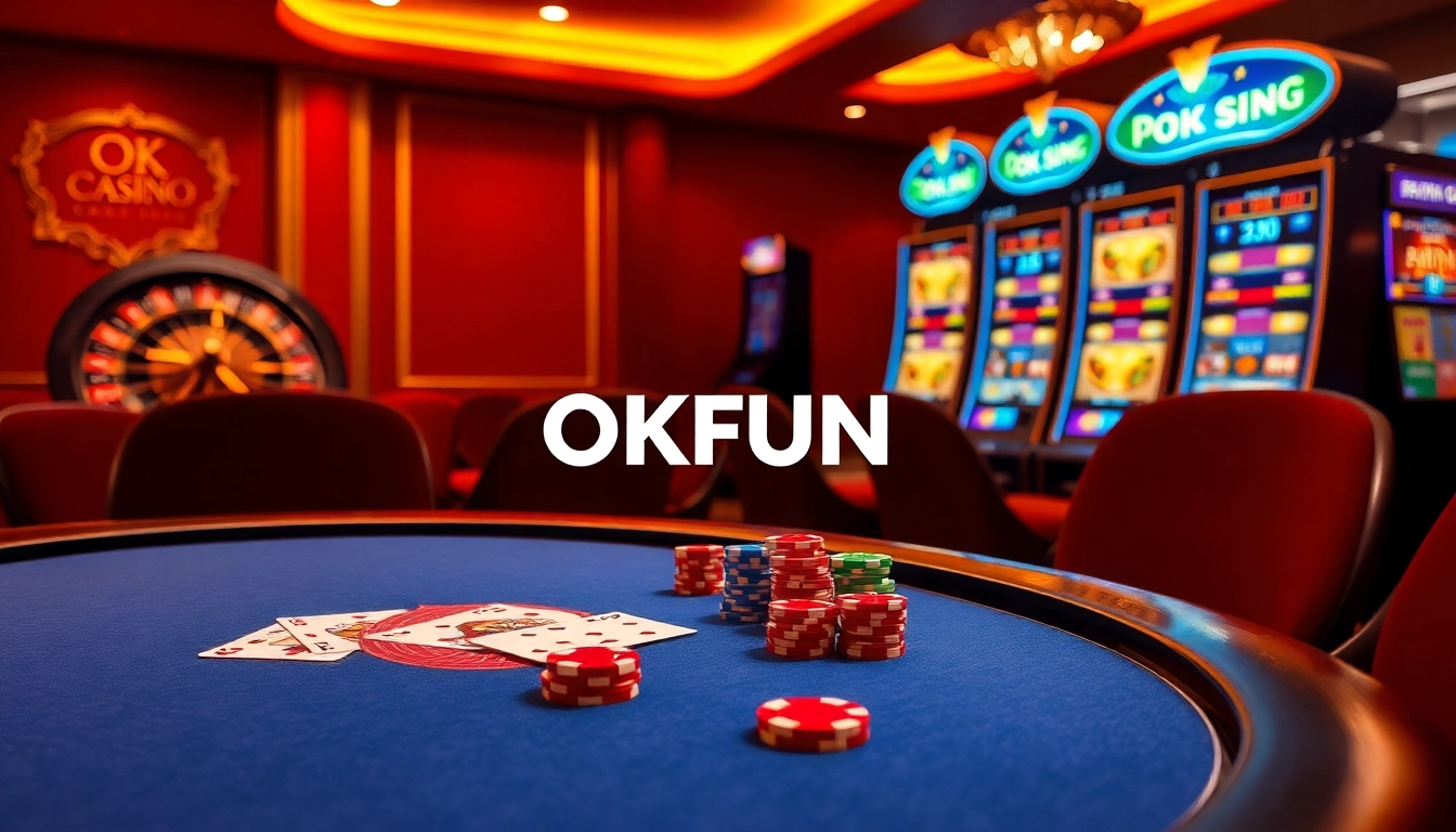 Exciting gameplay at OKFUN casino with poker chips and a vibrant roulette wheel.