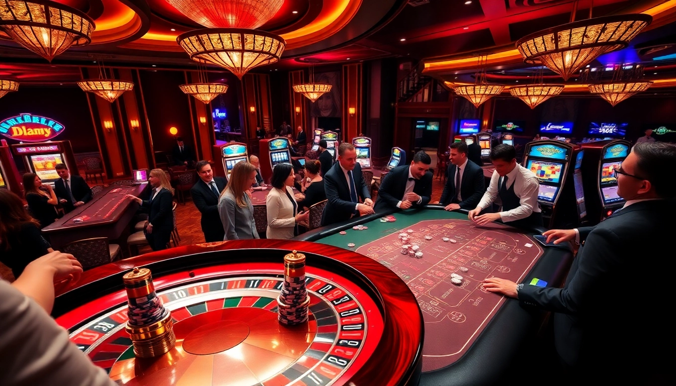 Players enjoying a thrilling game of blackjack at https://www.eejl33.com/, surrounded by vibrant casino elements.
