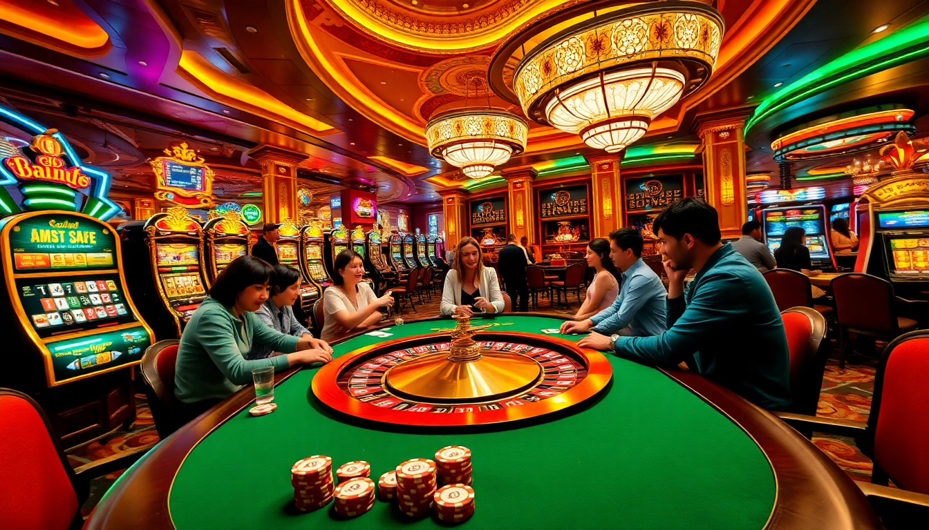 Players enjoying poker and roulette at https://88ii88.com/, showcasing luxurious casino atmosphere.