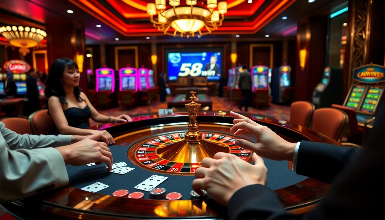 Players gambling on 58win platform at an elegant casino table filled with excitement.