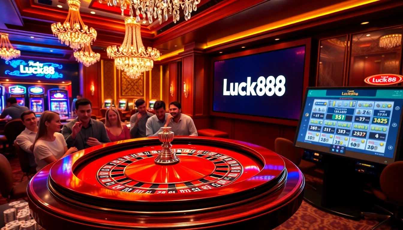 Players enjoying a roulette game at Luck88 casino with vibrant gaming elements.