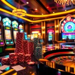 Exciting casino action at nk88.onl showcasing roulette, slot machines, and poker chips.