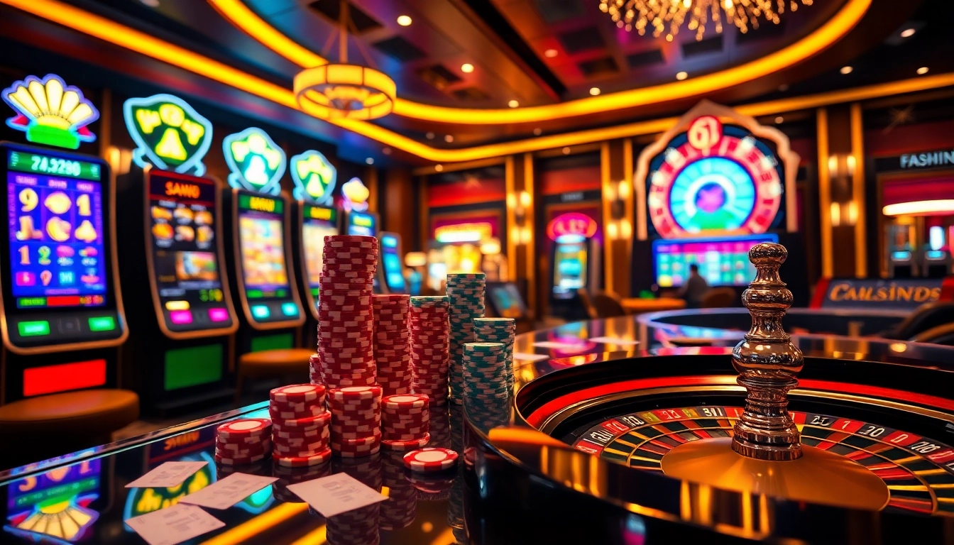 Exciting casino action at nk88.onl showcasing roulette, slot machines, and poker chips.