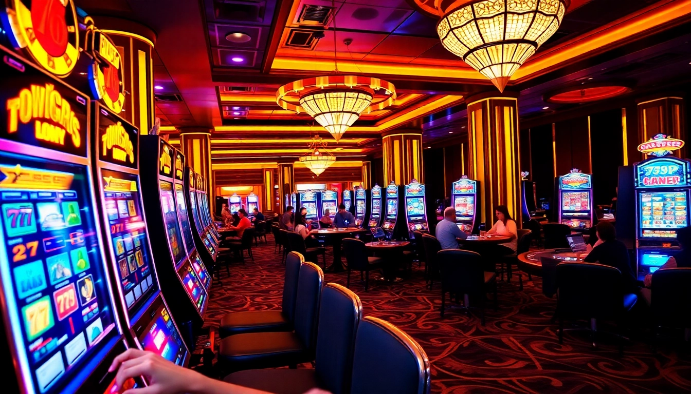 Experience the thrill of gaming at 789P with vibrant slot machines and exciting gambling tables.