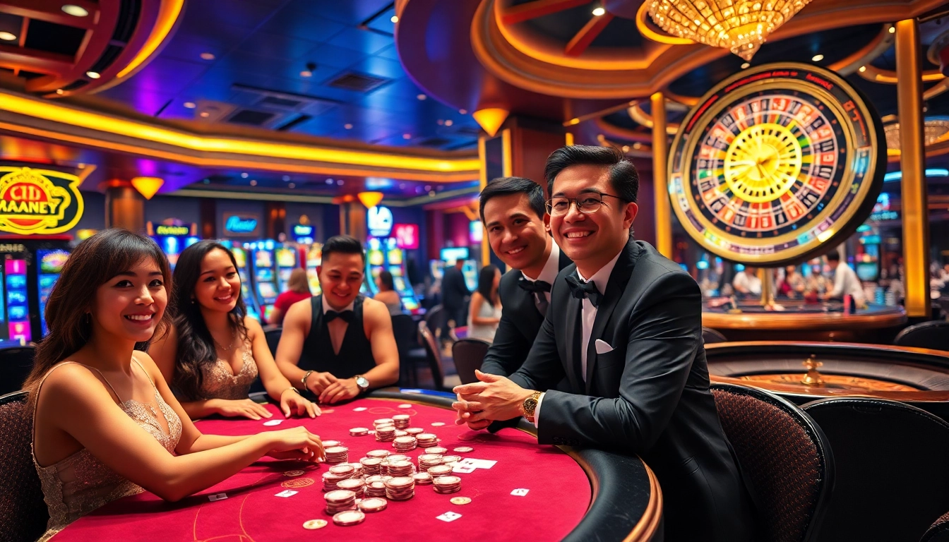 Experience excitement at Open88 info with vibrant gaming scenes featuring poker tables and slot machines.