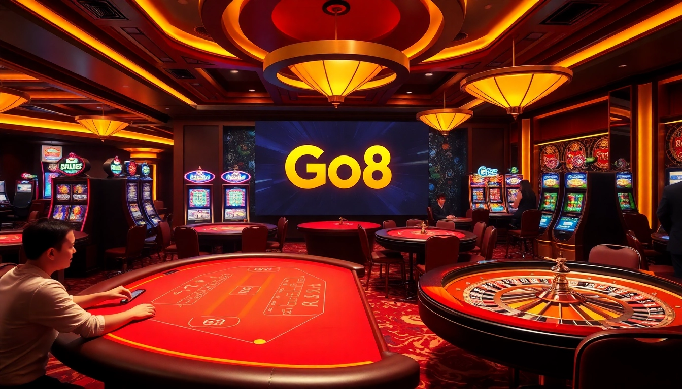 Experience Go8's premium gaming environment with vibrant casino tables and slot machines.