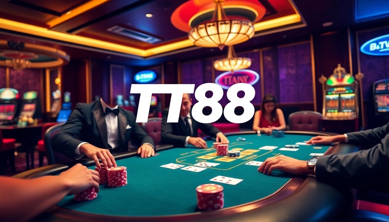 Players engaging in thrilling poker at TT88 casino, showcasing vibrant chips and luxurious atmosphere.