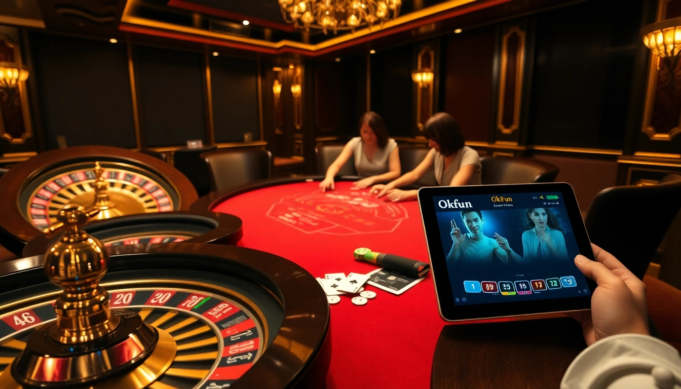 Exciting poker play at an Okfun casino table with pros betting chips.