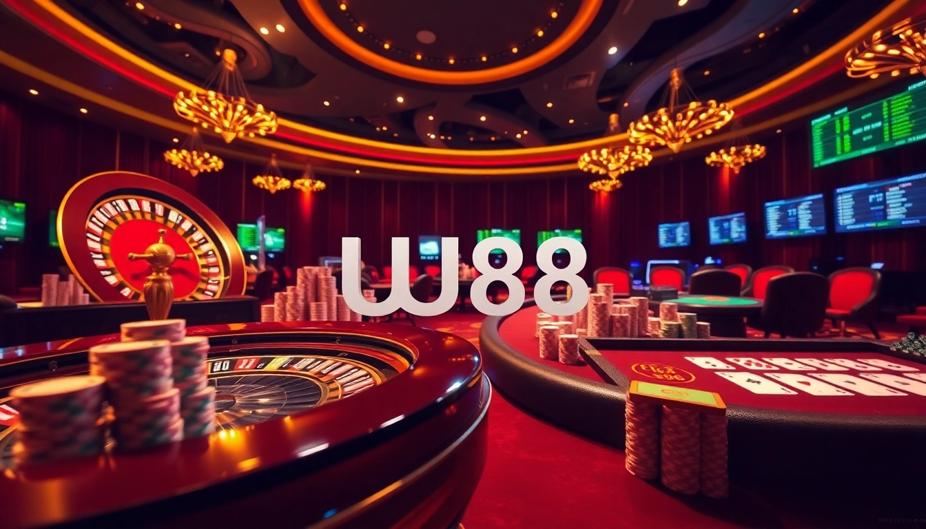 Exciting UU88 casino scene with roulette wheel and playing cards.