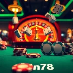 Engage in thrilling gameplay with win78's luxury casino experience featuring poker chips and a roulette wheel.