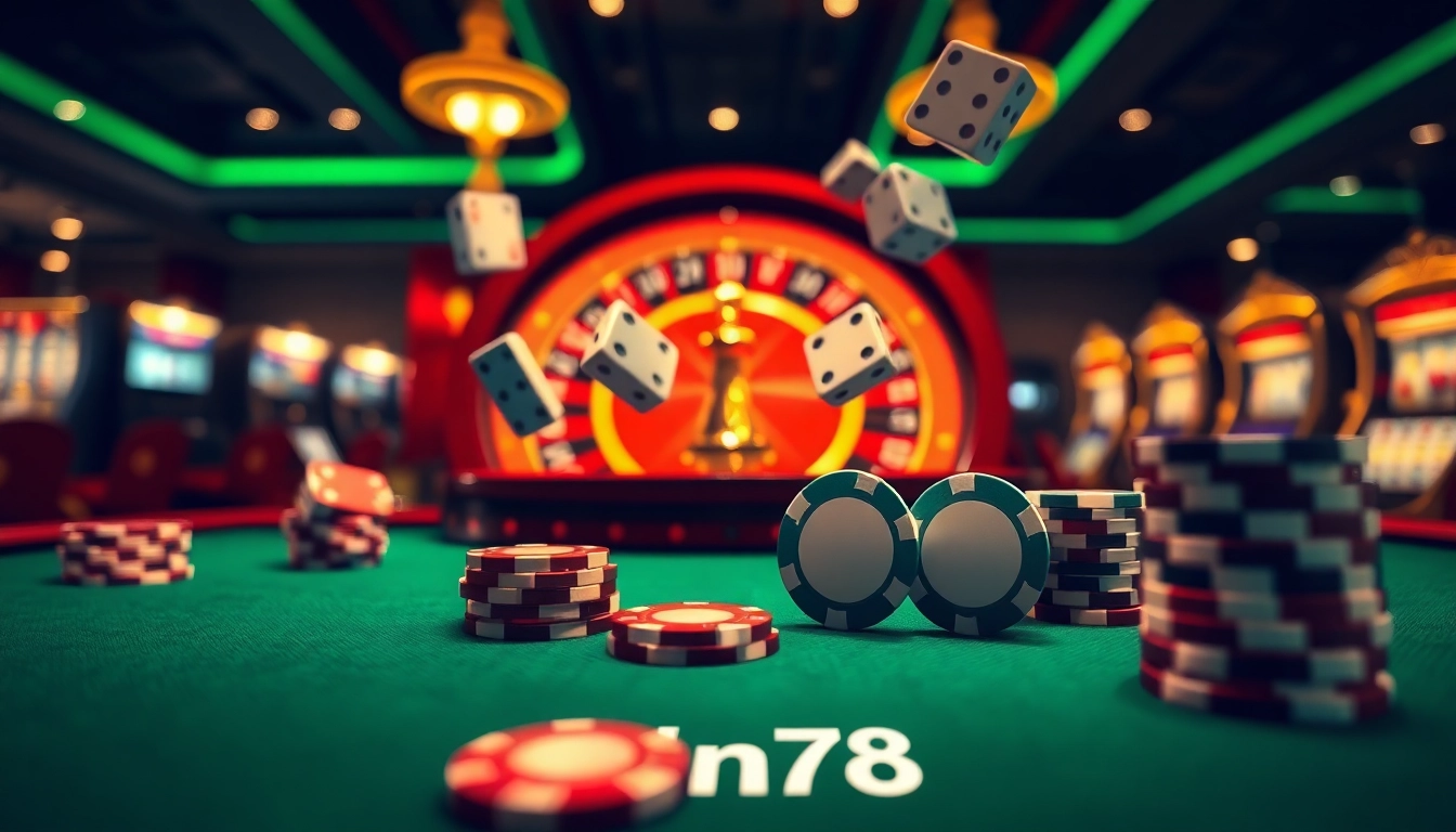Engage in thrilling gameplay with win78's luxury casino experience featuring poker chips and a roulette wheel.