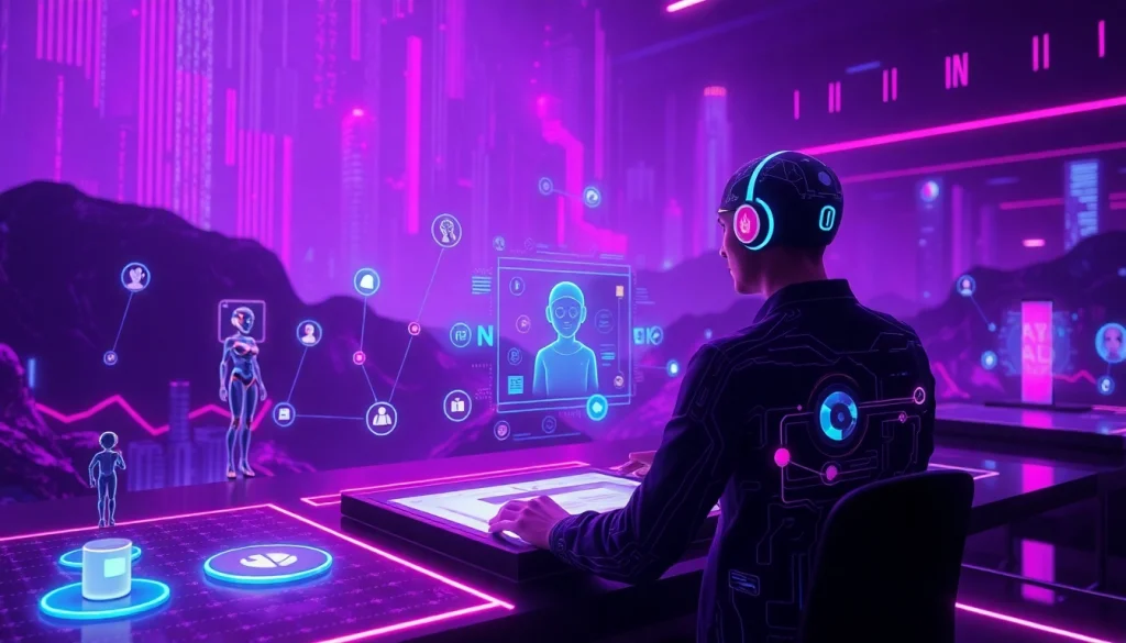 Engaging user interacting with ai nsfw character in a vibrant digital landscape