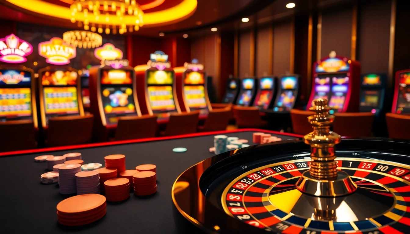 Experience high-stakes gaming at hz88 with vibrant tables, chips, and an exciting roulette wheel.