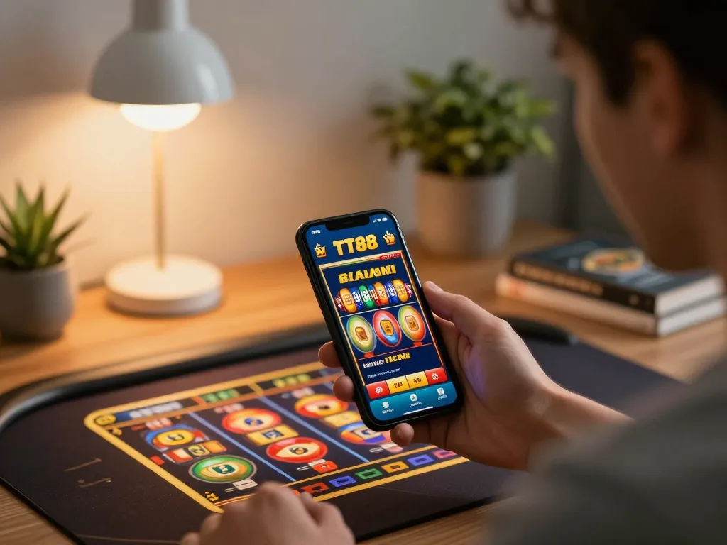 Engaged player enjoying TT88 slot games on a smartphone in a cozy home setup.