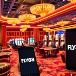 Players enjoying casino games at FLY88, surrounded by vibrant slot machines and stylish decor.