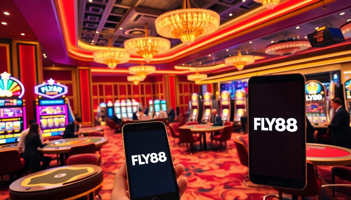 Players enjoying casino games at FLY88, surrounded by vibrant slot machines and stylish decor.