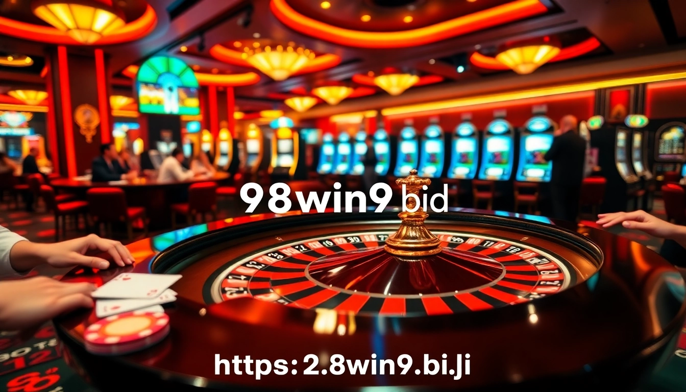 Engage with gameplay at https://98win9.bid/ with vibrant roulette, poker chips, and casino excitement.
