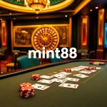 Exciting gambling scene at a luxurious casino with mint88 logo, showcasing poker chips and a roulette wheel.