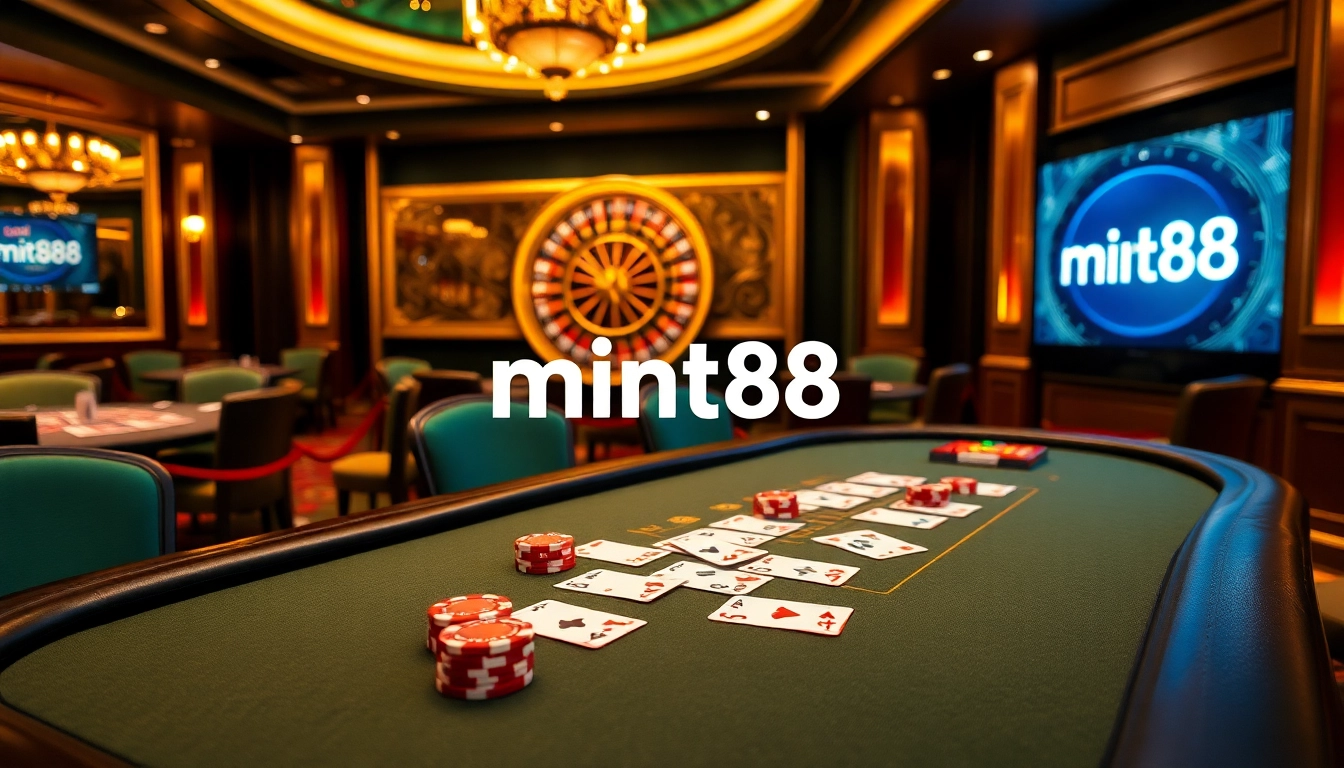 Exciting gambling scene at a luxurious casino with mint88 logo, showcasing poker chips and a roulette wheel.