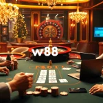 Play poker at a luxurious casino table featuring w88, showcasing thrilling gaming action and vibrant atmosphere.