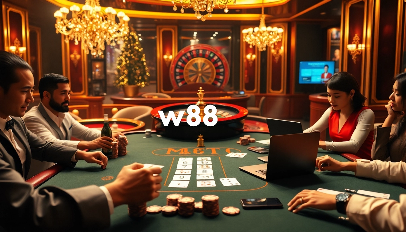 Play poker at a luxurious casino table featuring w88, showcasing thrilling gaming action and vibrant atmosphere.
