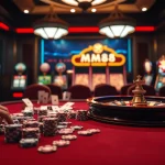 MM88 casino scene showcasing poker chips, cards, and a roulette wheel in an upscale setting.