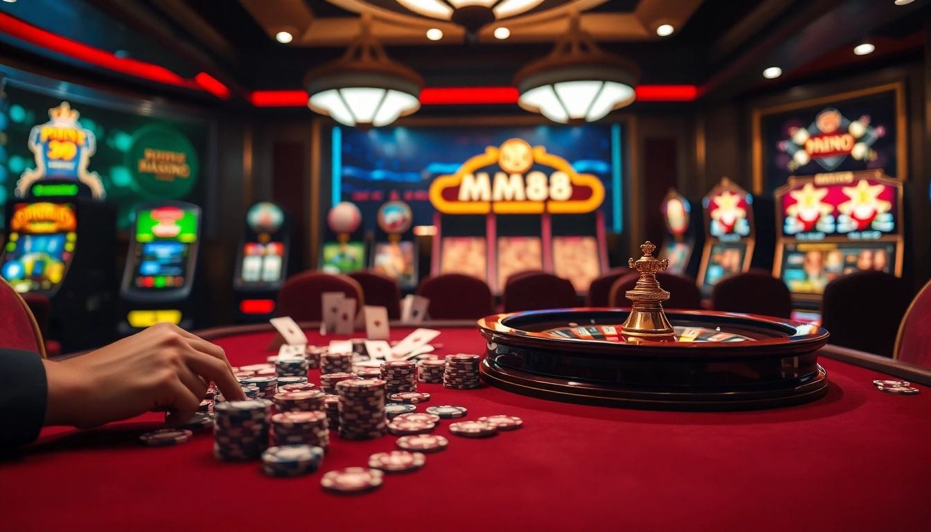 MM88 casino scene showcasing poker chips, cards, and a roulette wheel in an upscale setting.