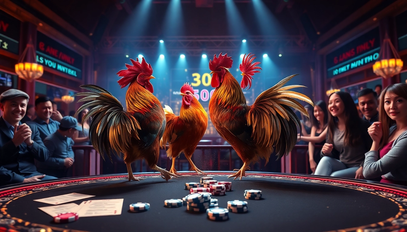 Live event showcasing vibrant đá gà thomo cockfighting excitement, emphasizing action and colorful roosters.