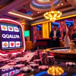 Exciting casino scene showcasing QQALFA slot machine with players celebrating wins.