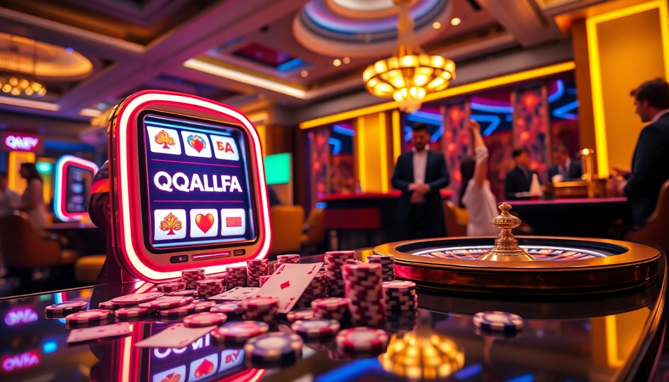 Exciting casino scene showcasing QQALFA slot machine with players celebrating wins.