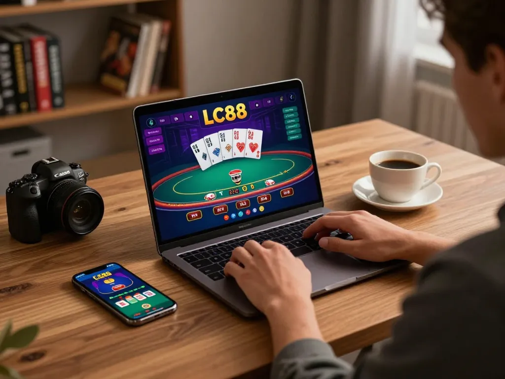 Engaging online gaming experience on LC88, showing a player focusing on blackjack game interface.