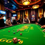 GG88 players enjoying a vibrant casino atmosphere with poker chips and roulette wheel.