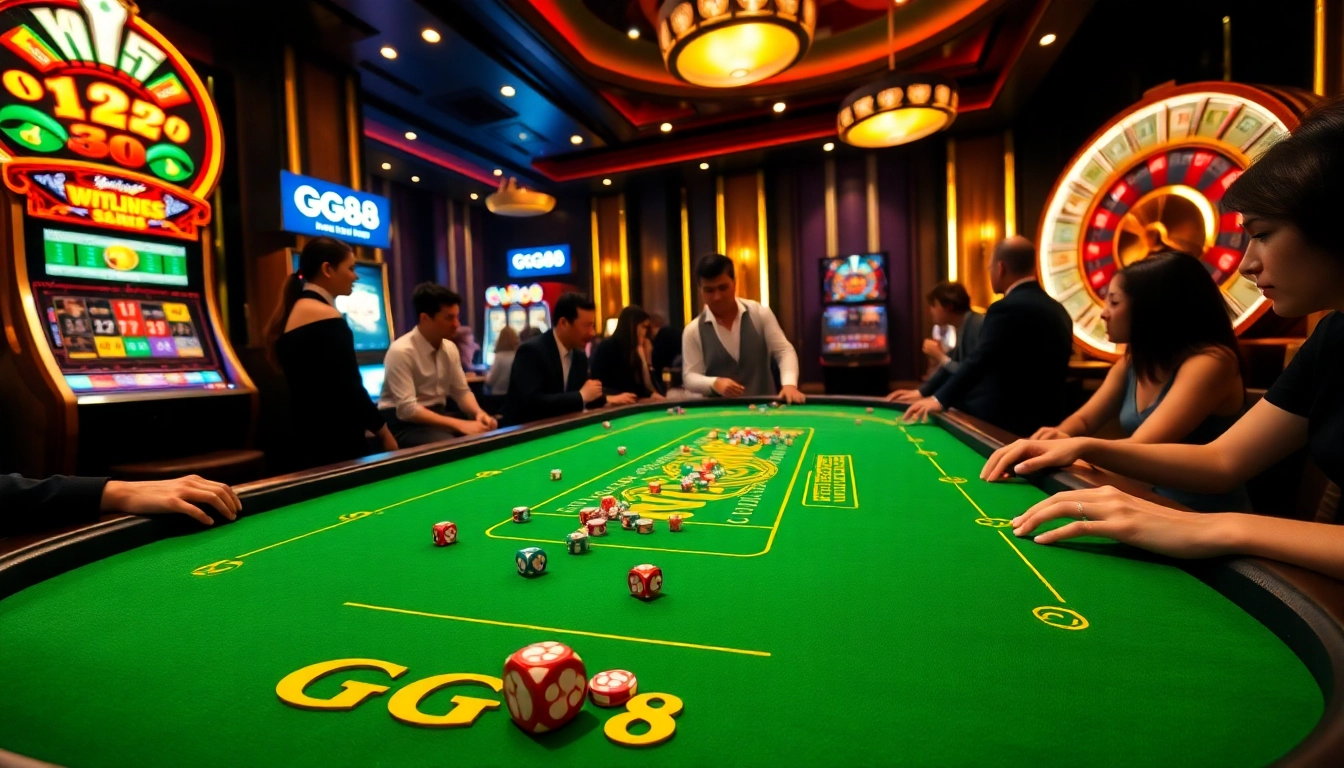 GG88 players enjoying a vibrant casino atmosphere with poker chips and roulette wheel.