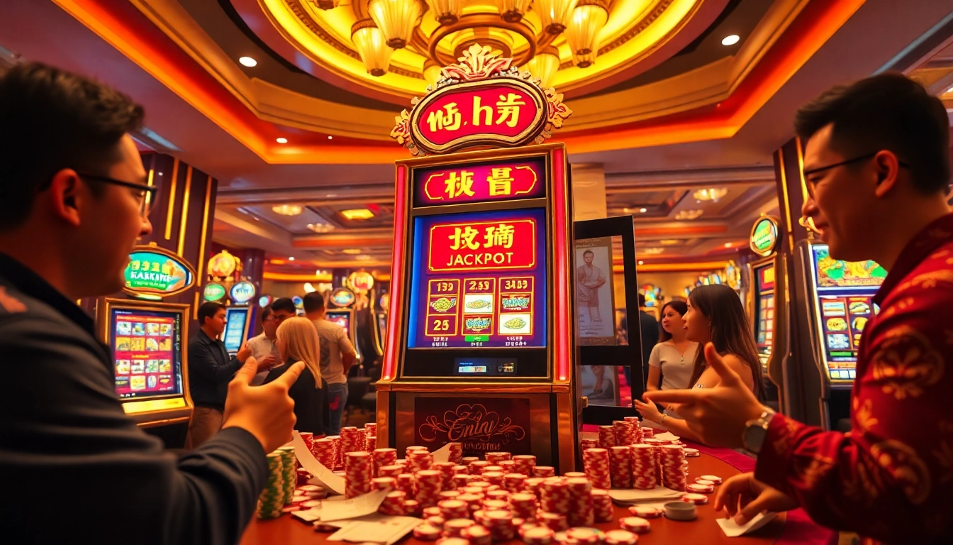 Players enjoying the thrilling action of nổ hũ slots at a vibrant casino.