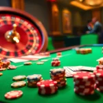 Engaged players at a lively casino setup featuring games at https://888neww8.com/, poker chips, and active roulette table.
