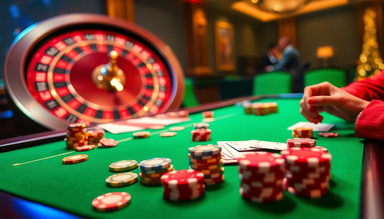 Engaged players at a lively casino setup featuring games at https://888neww8.com/, poker chips, and active roulette table.