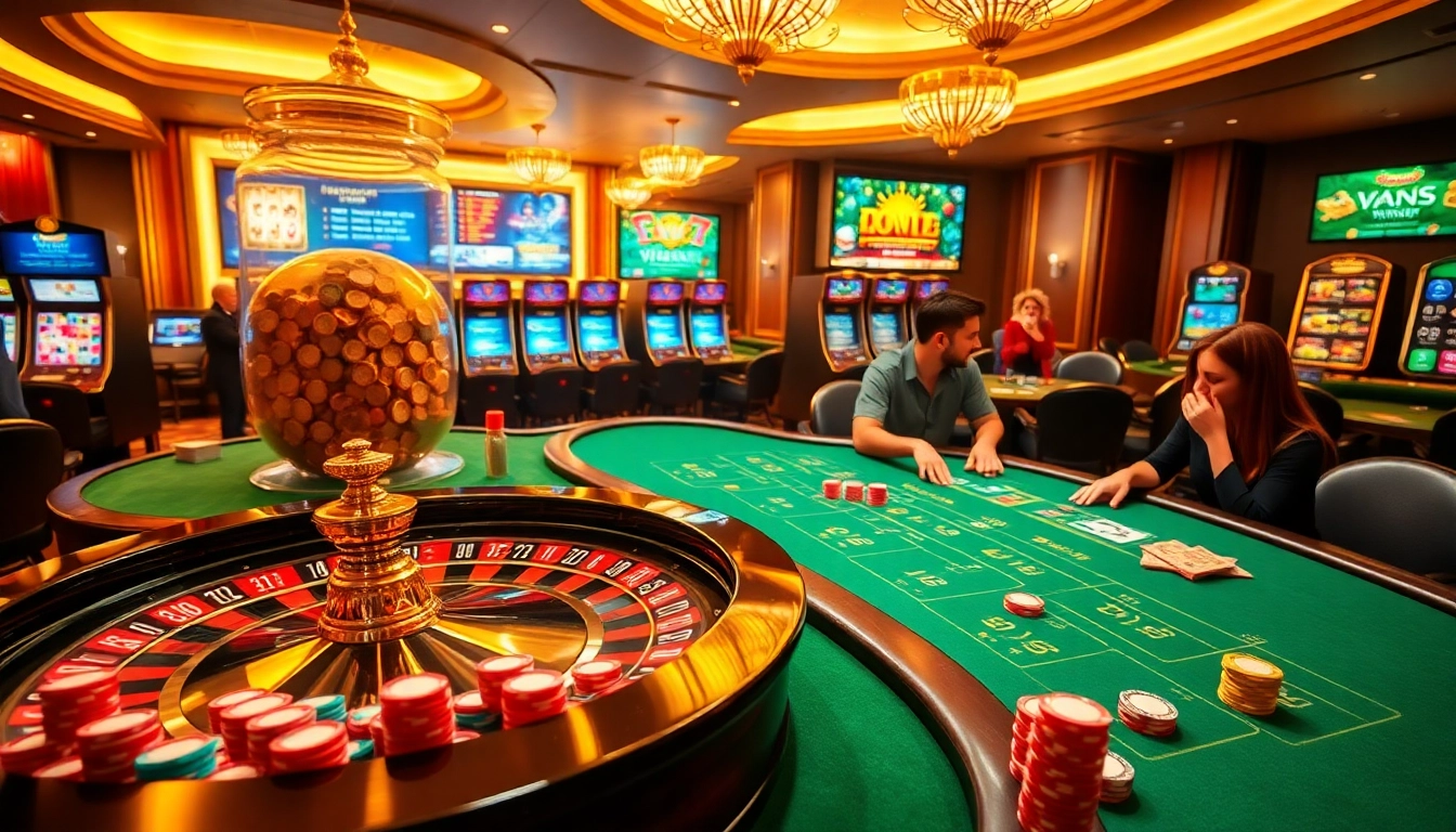 Engaging scene of gamblers enjoying a vibrant okwin casino experience with colorful chips and a roulette wheel.