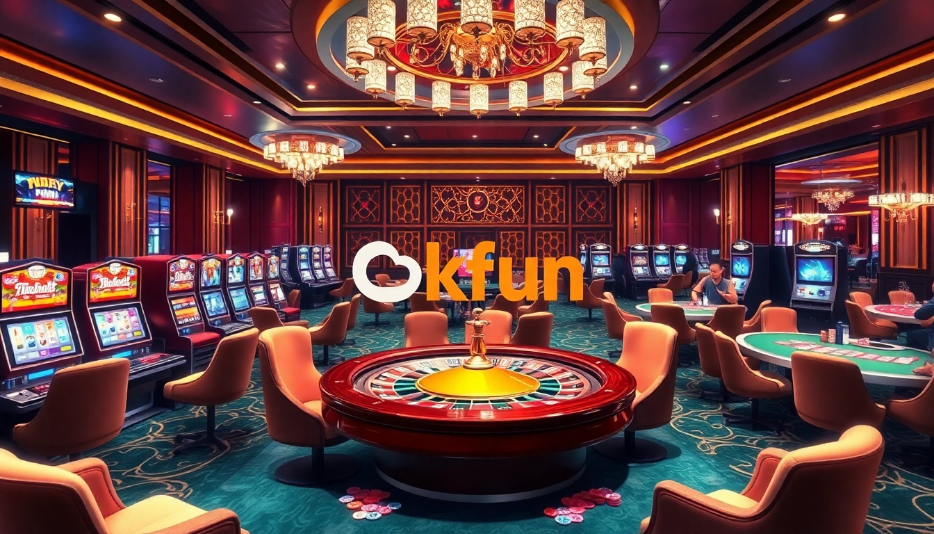 Experience premium gaming at Okfun's luxurious casino environment with vibrant tables and high-tech slot machines.