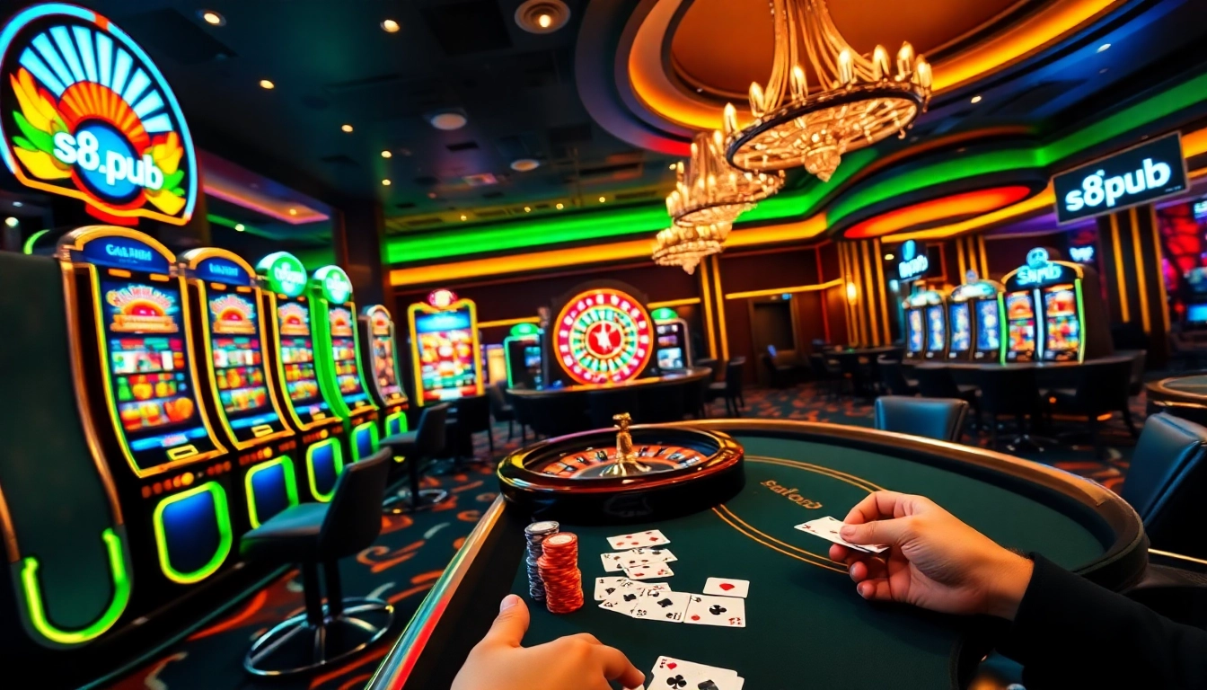 Experience the thrill of gaming at s8.pub with vibrant casino tables and roulette wheels.